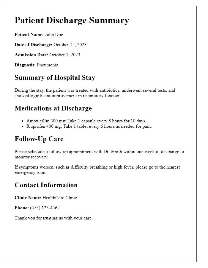 Letter template of patient discharge summary including follow-up care.