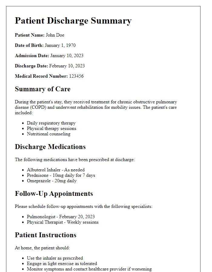 Letter template of patient discharge summary for long-term care.