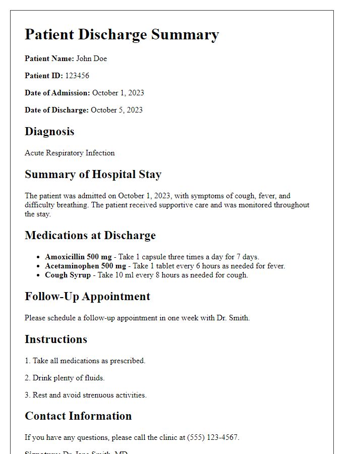 Letter template of patient discharge summary with medication instructions.