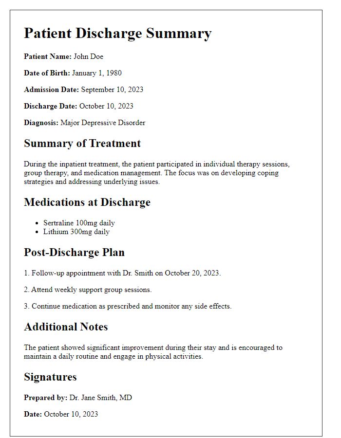 Letter template of patient discharge summary for mental health treatment.