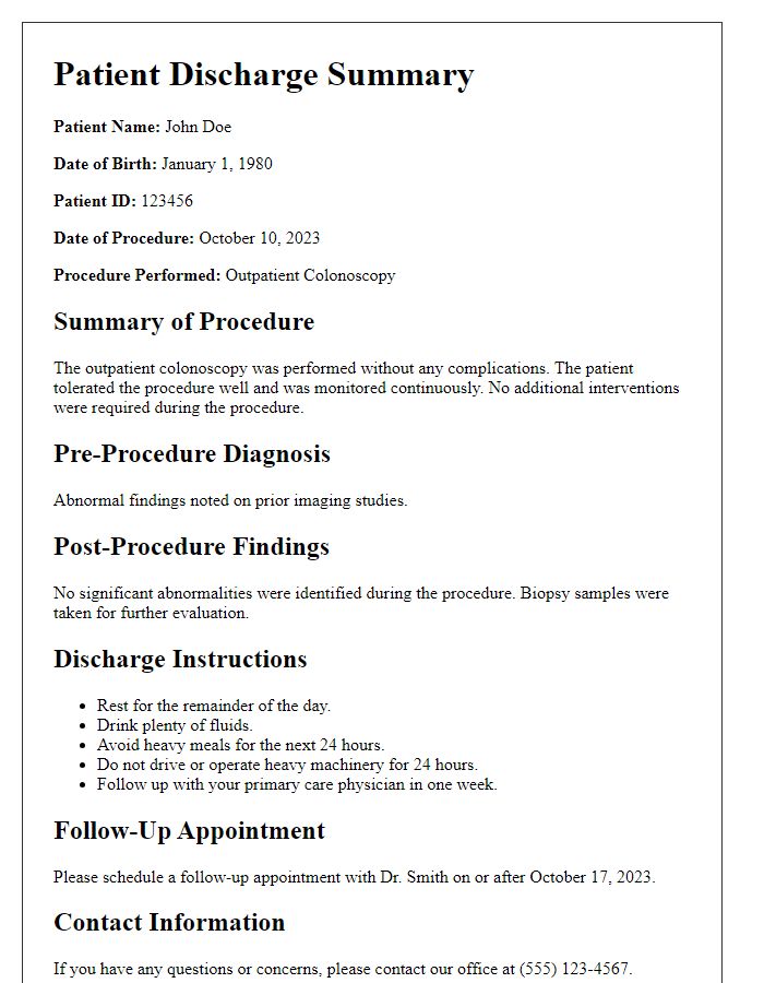 Letter template of patient discharge summary for outpatient procedure.