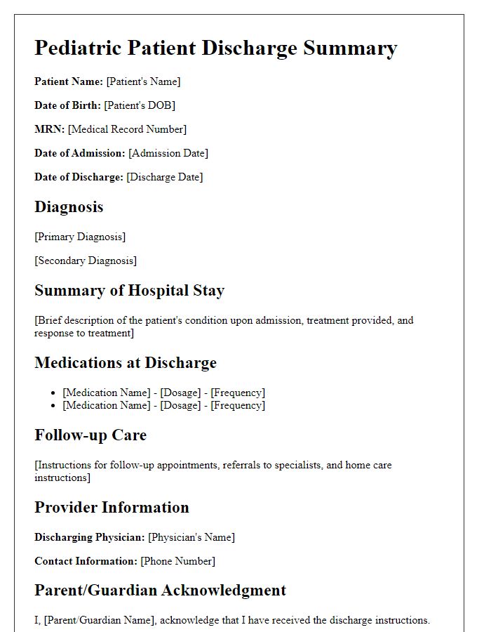 Letter template of patient discharge summary for pediatric patients.