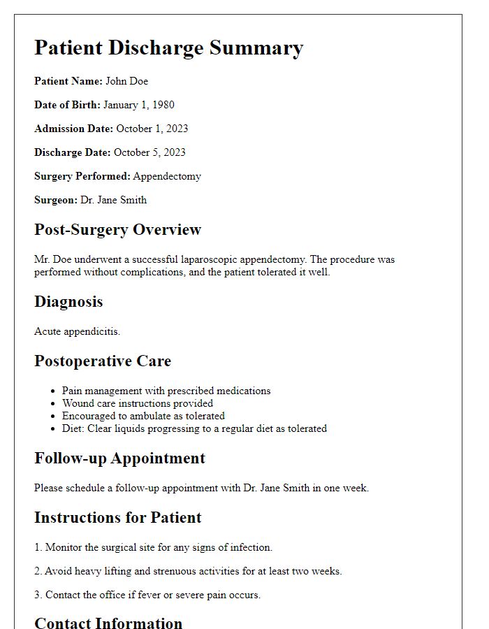 Letter template of patient discharge summary post-surgery.