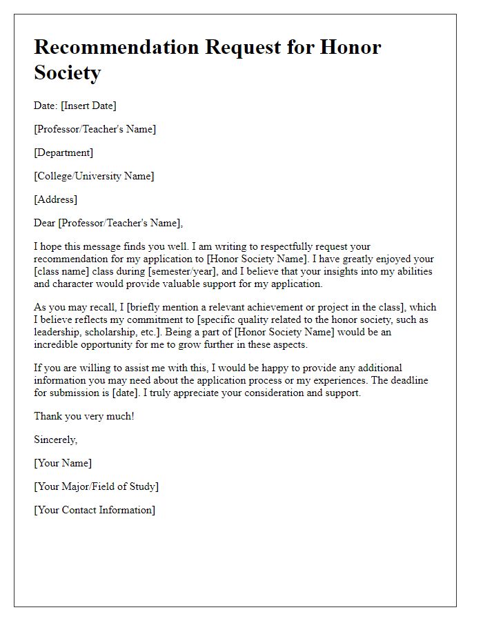 Letter template of college recommendation request for honor societies.