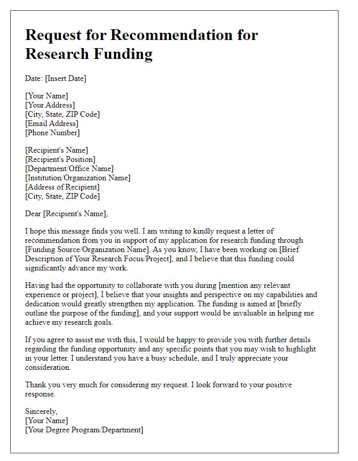 Letter template of college recommendation request for research funding.