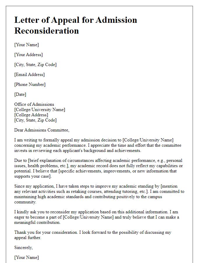 Letter template of college admission appeal for academic performance reconsideration