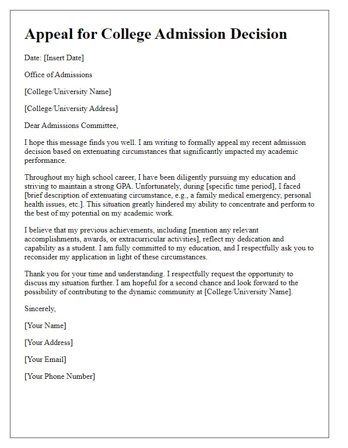 Letter template of college admission appeal due to extenuating circumstances