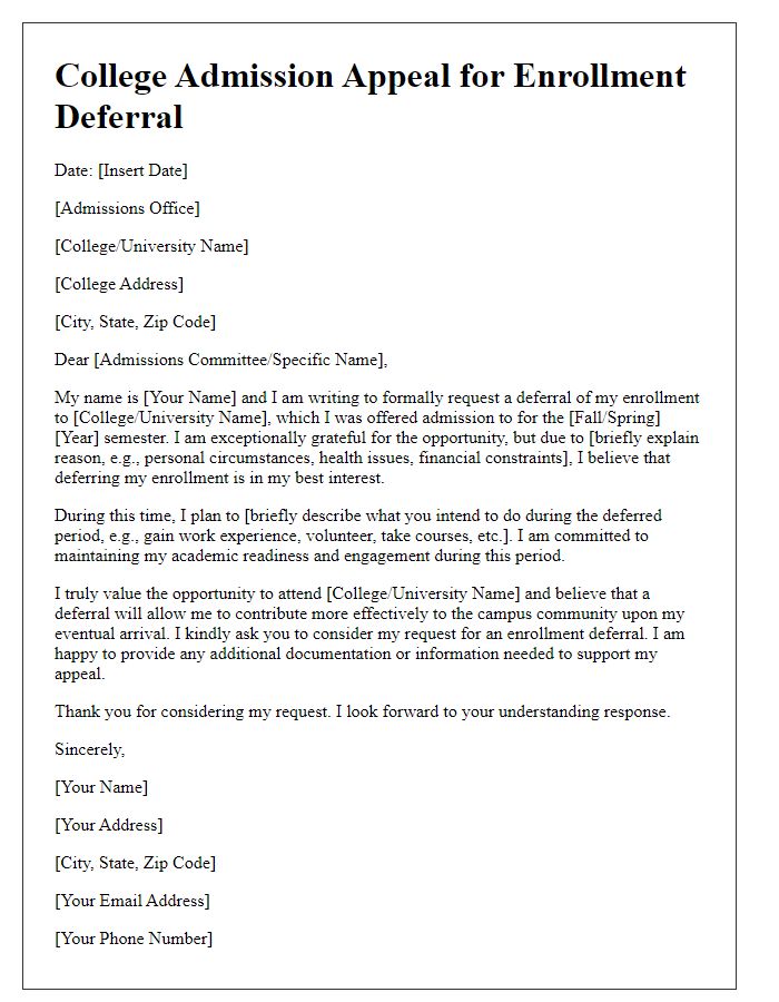 Letter template of college admission appeal for enrollment deferral request