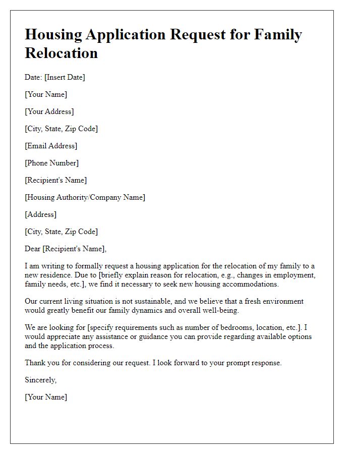 Letter template of housing application request for family relocation