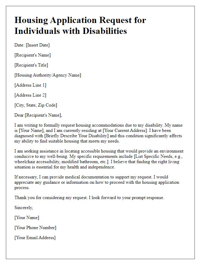 Letter template of housing application request for individuals with disabilities