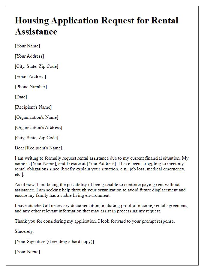 Letter template of housing application request for rental assistance