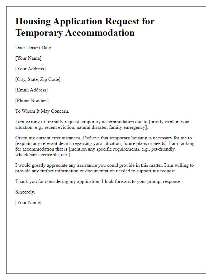 Letter template of housing application request for temporary accommodation