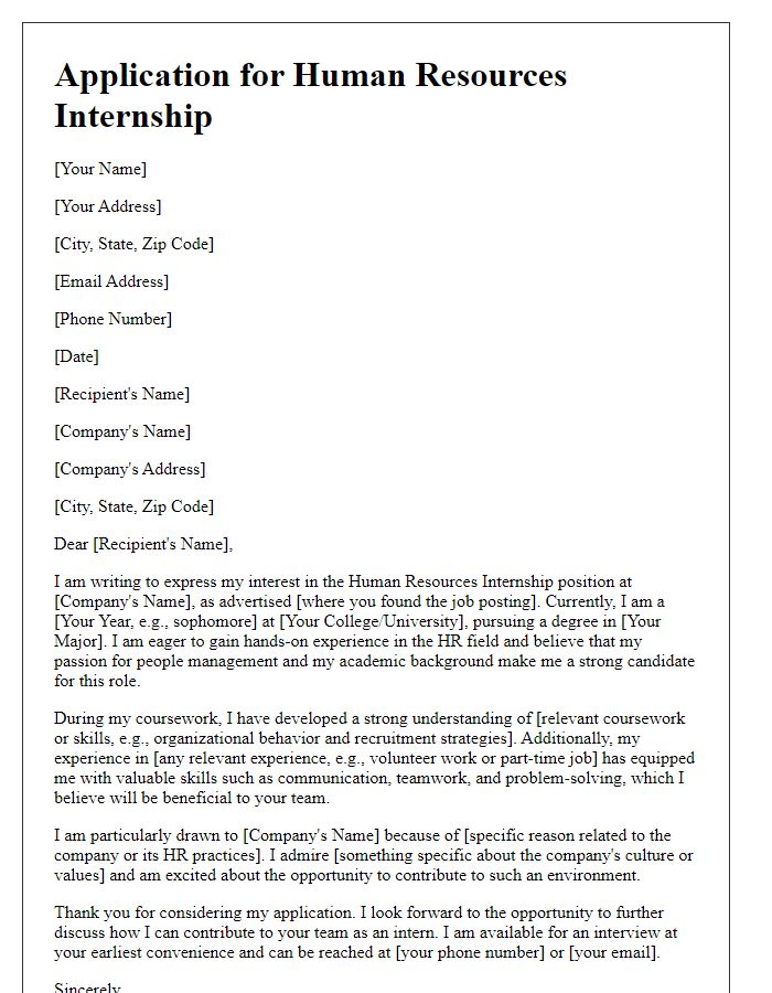 Letter template of college internship application for human resources role