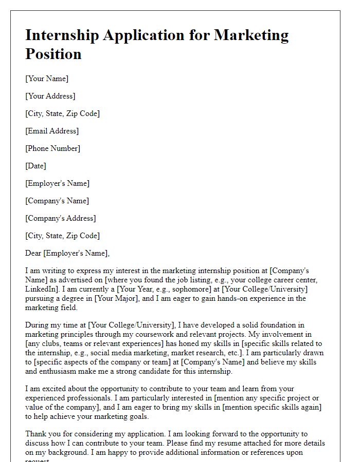 Letter template of college internship application for marketing position