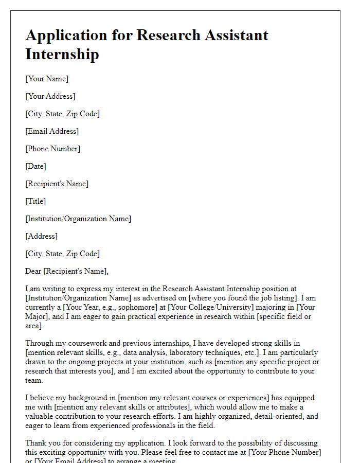 Letter template of college internship application for research assistant