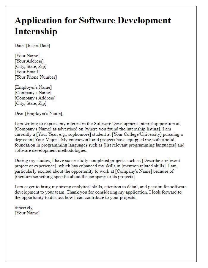 Letter template of college internship application for software development position