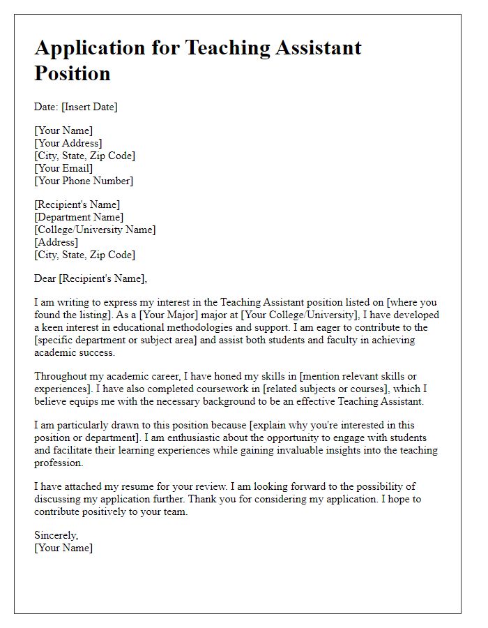 Letter template of college internship application for teaching assistant position