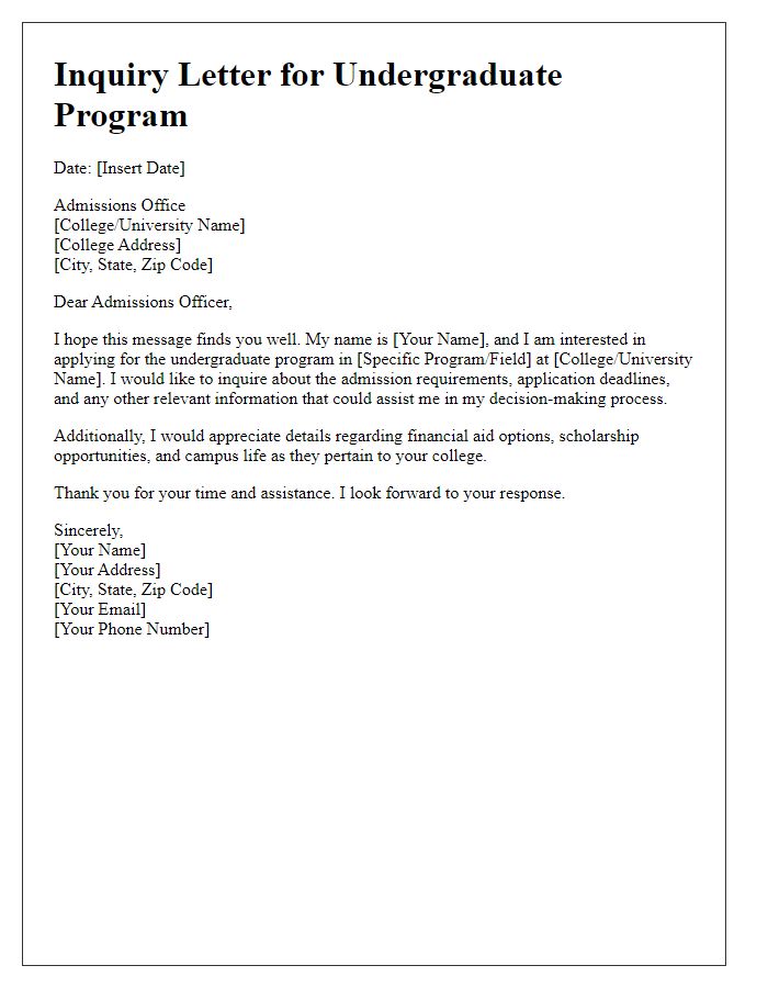 Letter template of inquiry for undergraduate college program