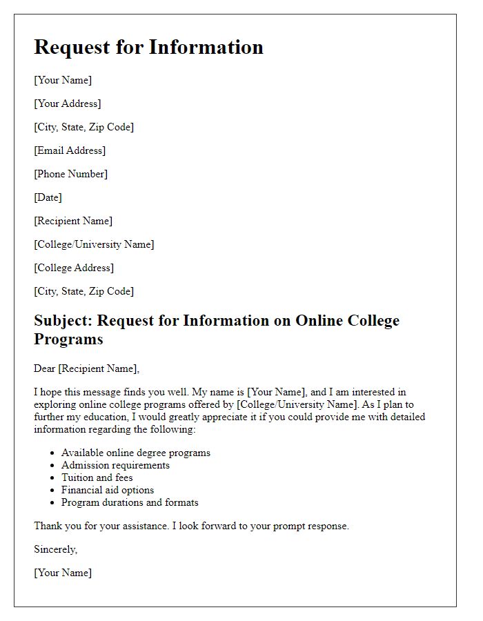 Letter template of request for information on online college programs