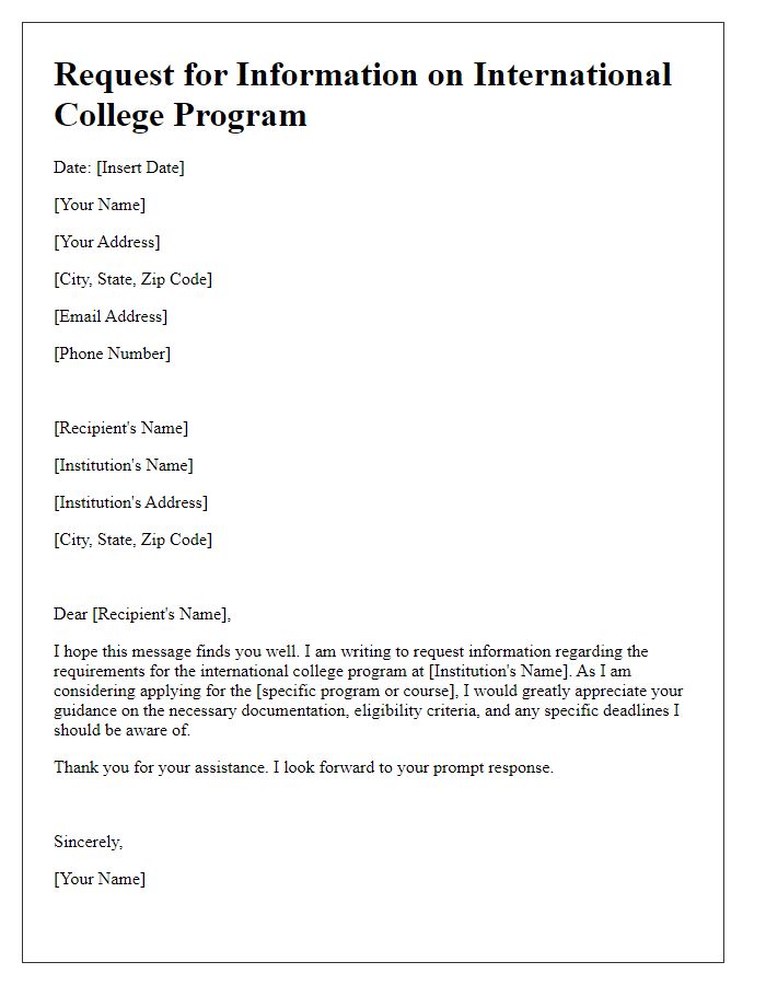 Letter template of request for international college program requirements