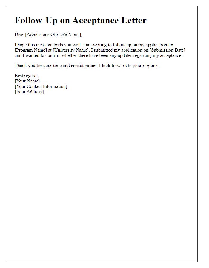 Letter template of follow-up for acceptance letter