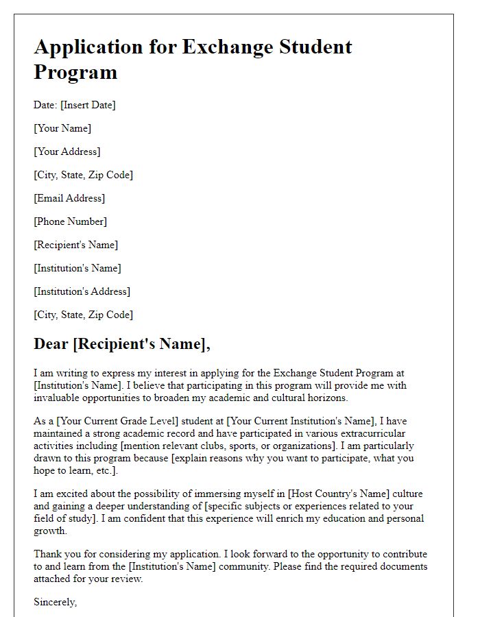 Letter template of application for exchange student program.