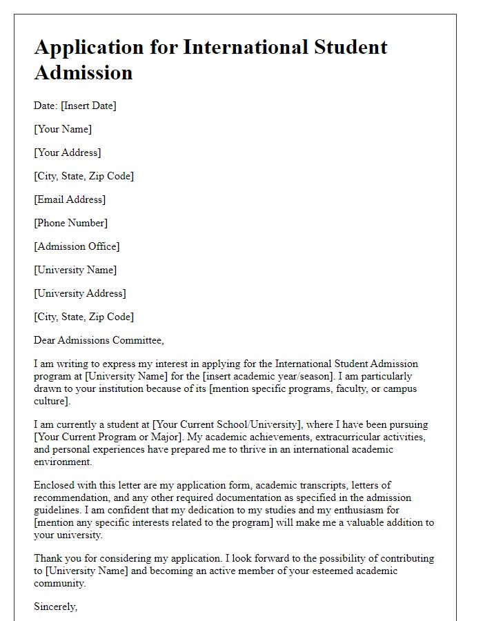 Letter template of application for international student admission.