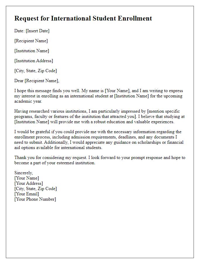 Letter template of request for international student enrollment.