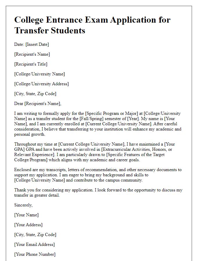 Letter template of college entrance exam application for transfer students.