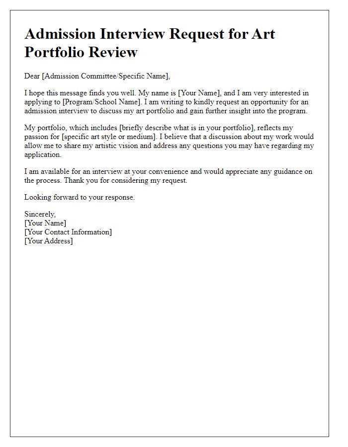 Letter template of admission interview request for art portfolio review