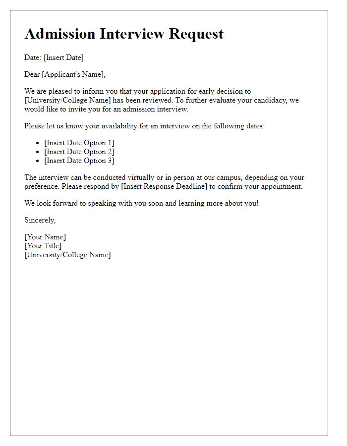 Letter template of admission interview request for early decision candidates