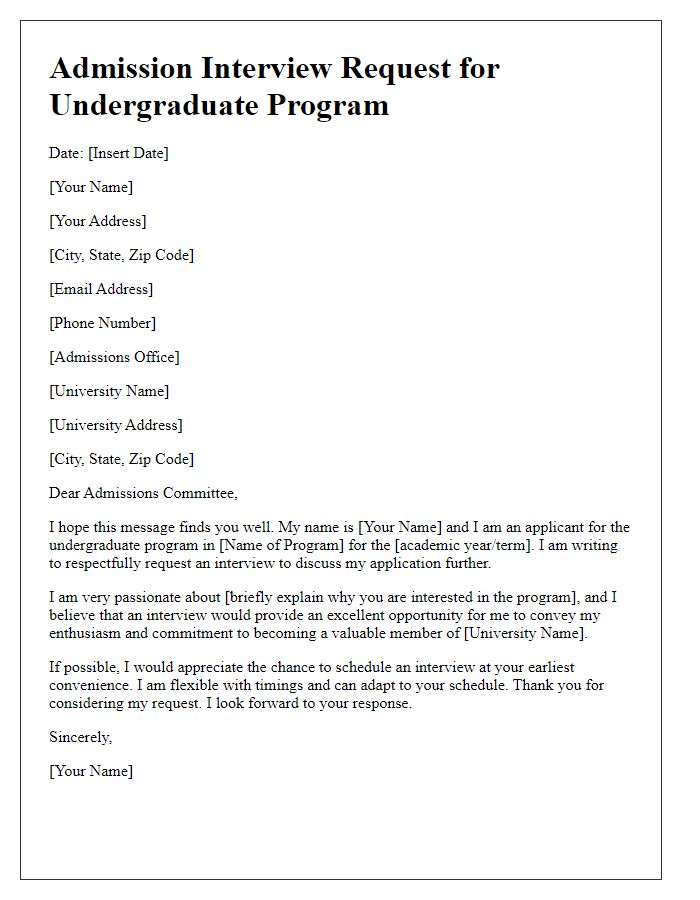 Letter template of admission interview request for undergraduate program