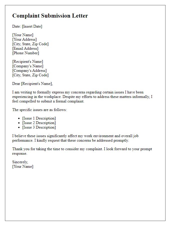 Letter template of complaint submission regarding workplace issues