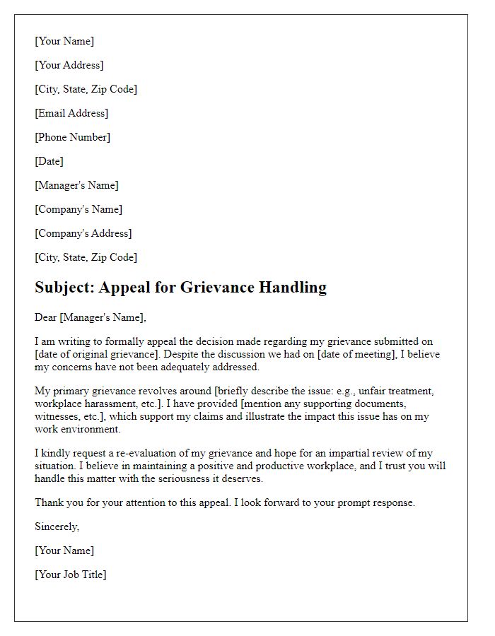 Letter template of employee appeal for grievance handling