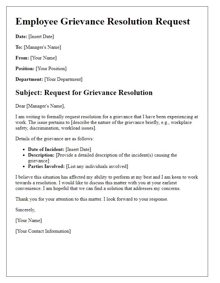 Letter template of employee grievance resolution request