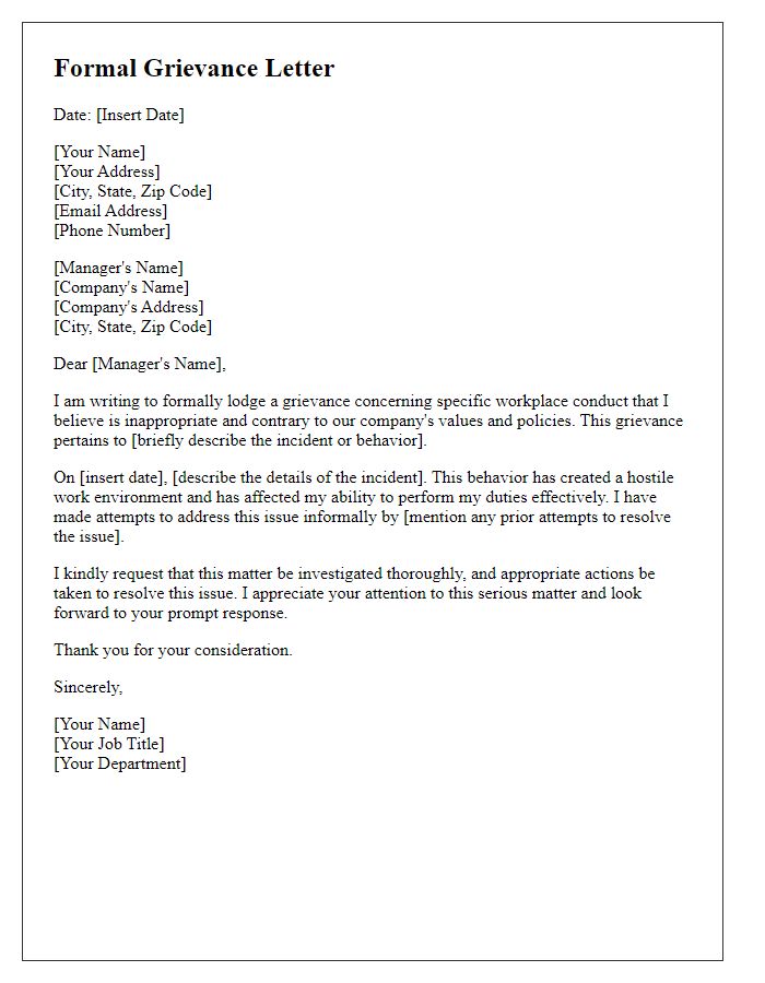 Letter template of formal grievance against workplace conduct