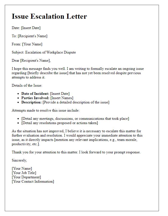 Letter template of issue escalation for workplace disputes