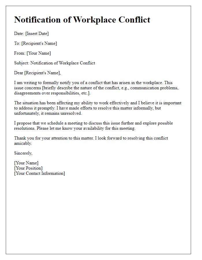 Letter template of notification of workplace conflict