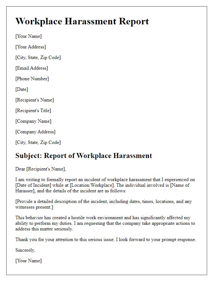 Letter template of reported workplace harassment