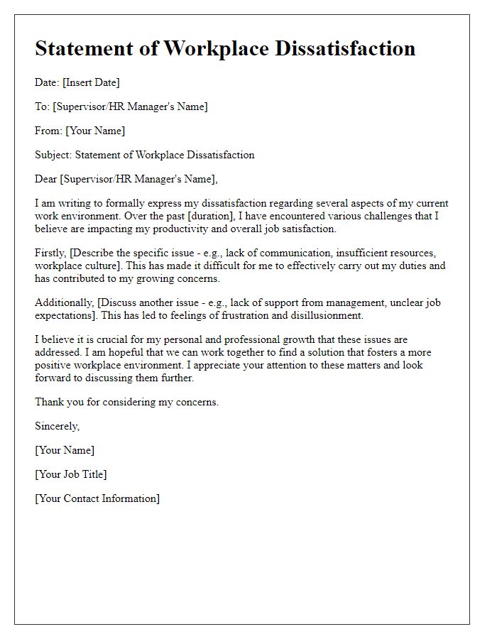 Letter template of statement on workplace dissatisfaction