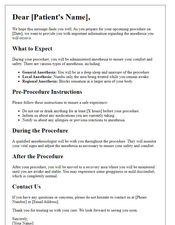 Letter template of anesthesia information for patients