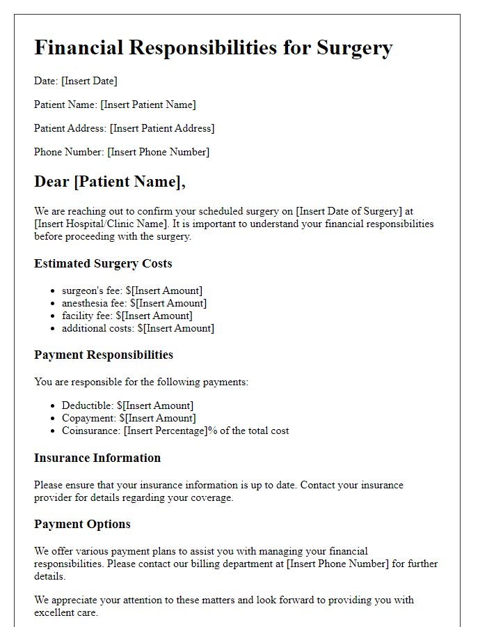 Letter template of financial responsibilities for surgery