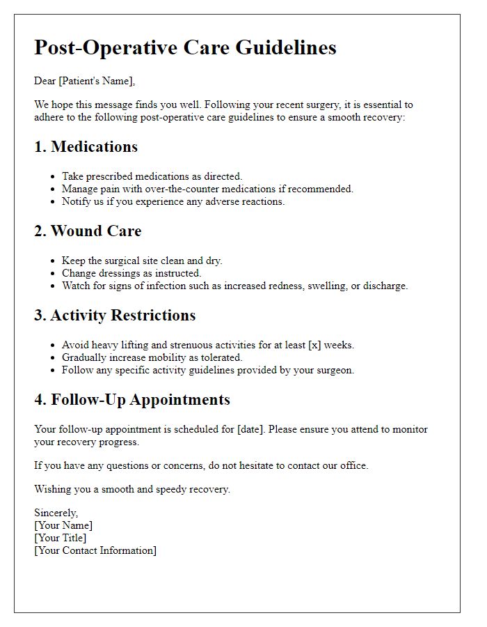 Letter template of post-operative care guidelines