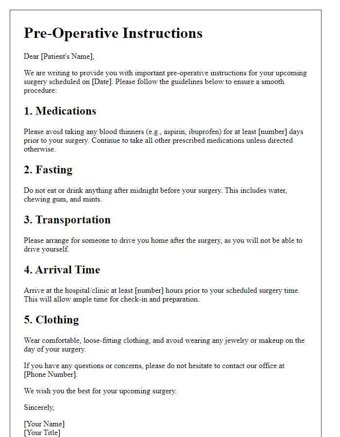 Letter template of pre-operative instructions