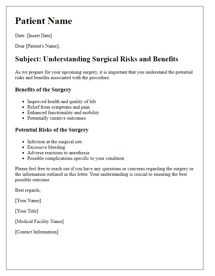 Letter template of surgical risks and benefits