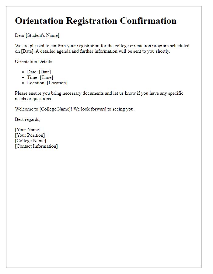 Letter template of college orientation registration confirmation