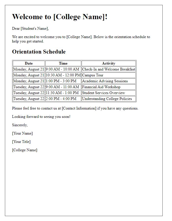 Letter template of college orientation schedule