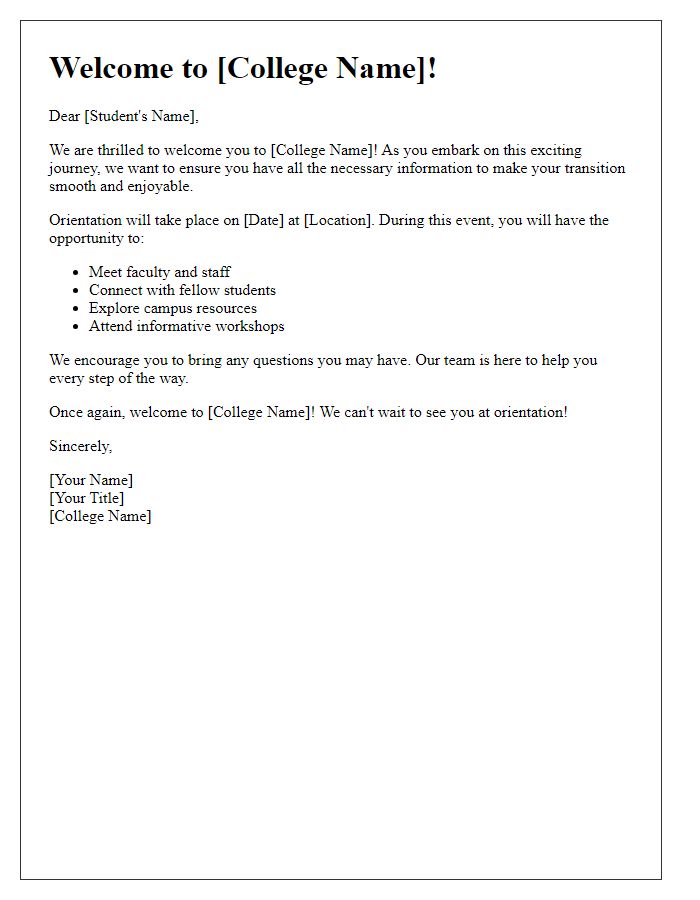 Letter template of college orientation welcome