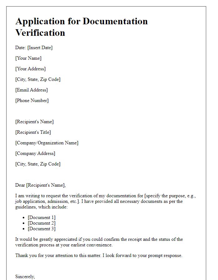 Letter template of application documentation verification