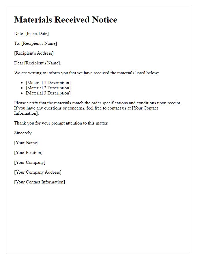 Letter template of materials received notice